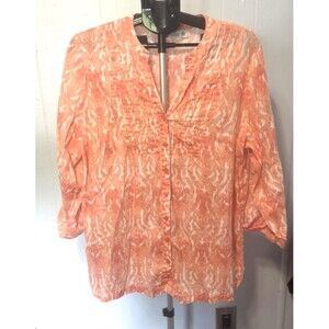Kim Rogers Orange Button Front V-Neck 100% Linen Shirt Blouse Size 1X
